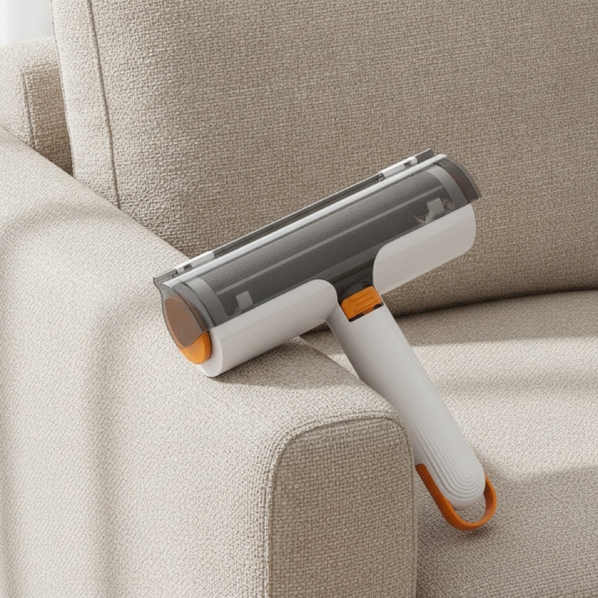 FurWhirl reusable pet hair remover roller on a sofa arm