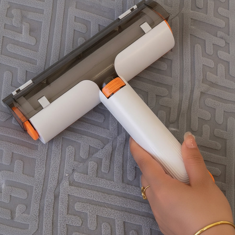 Hand setting the FurWhirl roller flat on a quilted duvet